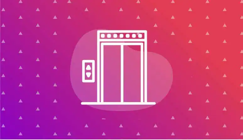 A white outline of an elevator door with a pink gradient background