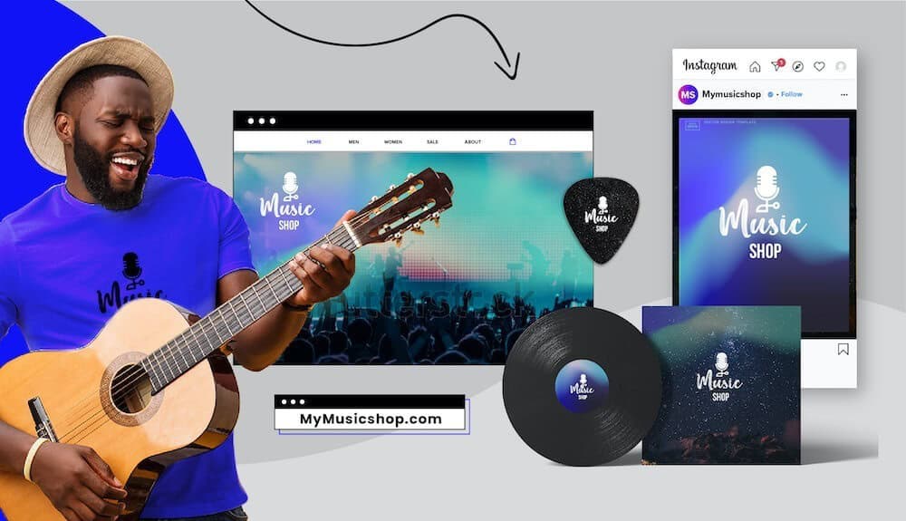 Brand identity header showing a musician and blue color vibes