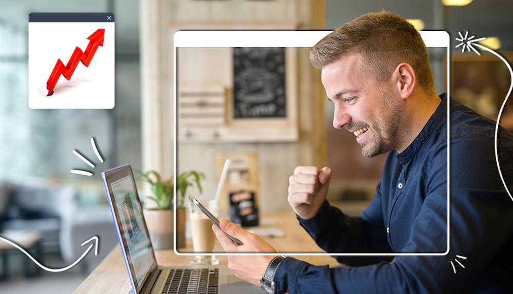 man working happy with results