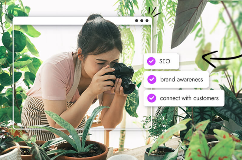 asain woman taking photo of plant