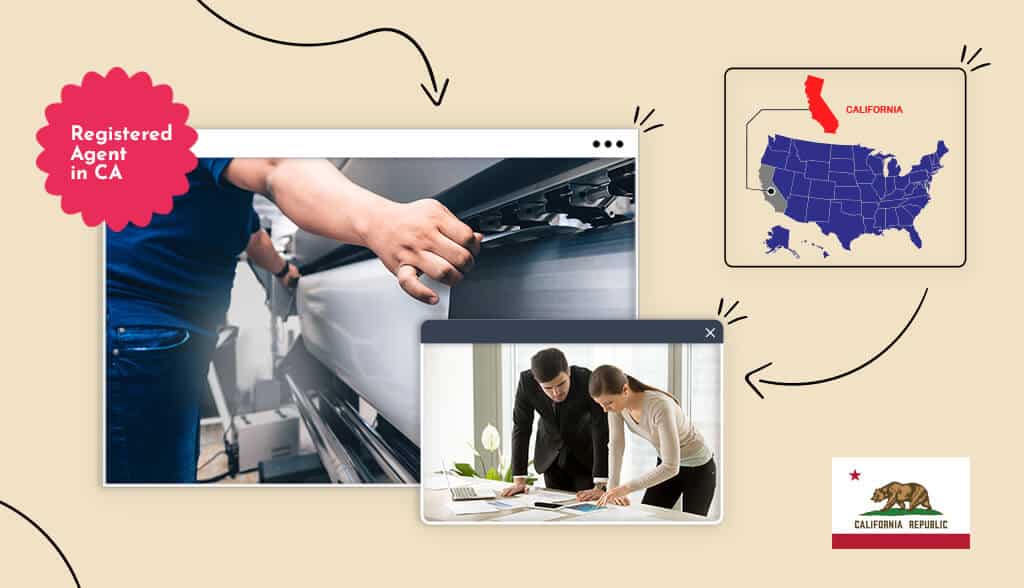 Hands pulling large page from printer, man and woman discussing business in office