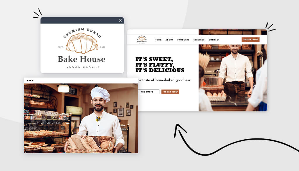 Baker holding breads and a bakery business logo and website