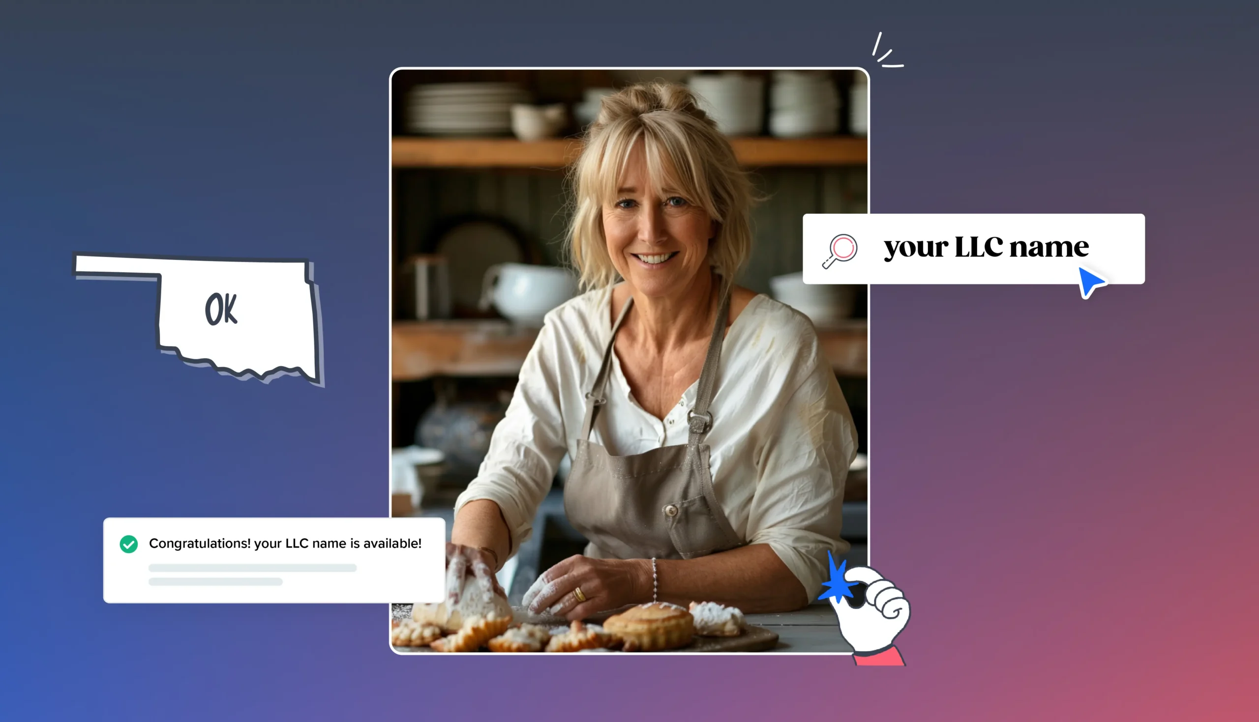 Business woman with icons on how to do a business entity search and Oklahoma state map