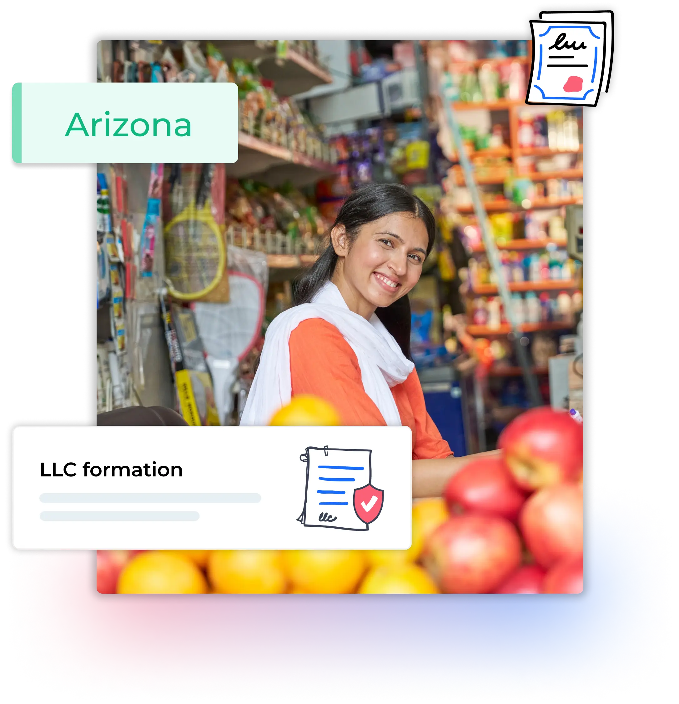 Arizona LLC formation woman with white scarf in her bodega