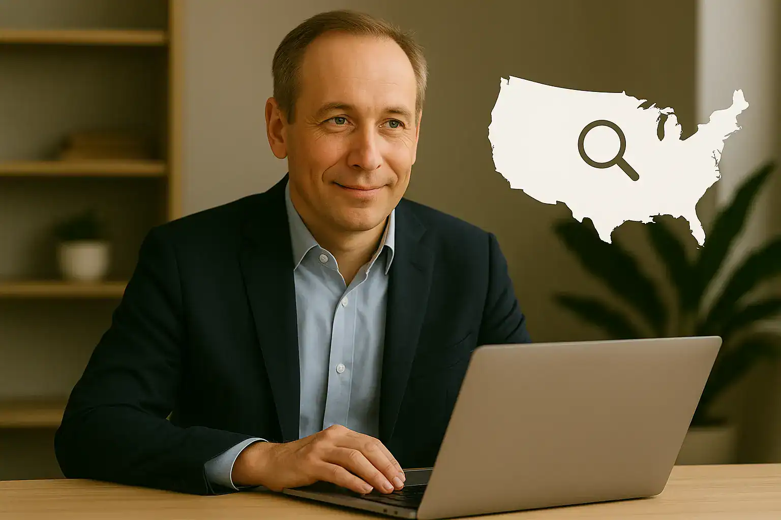 Busines man at laptop doing a Secretary of State business entity search