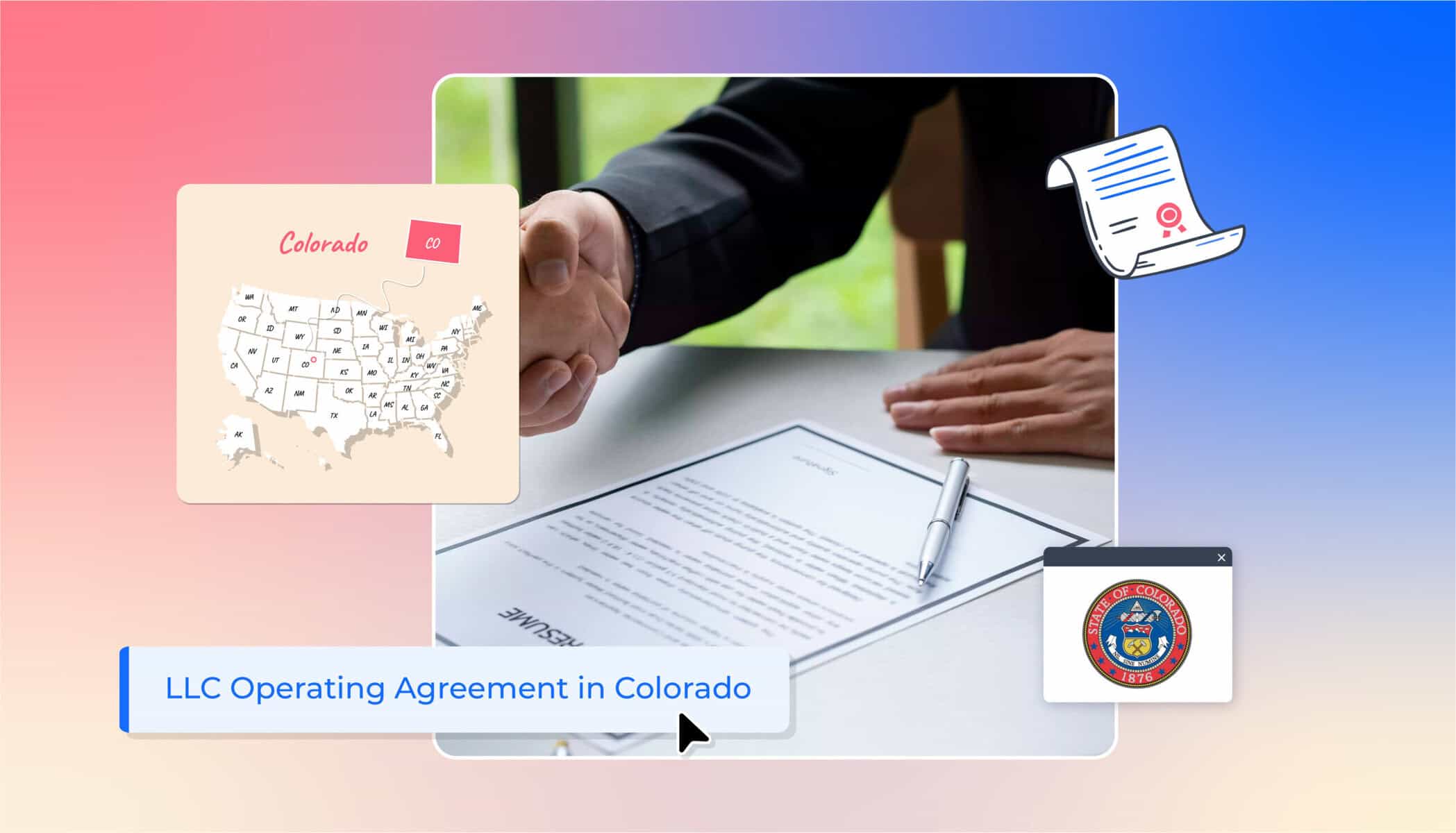 man sitting reviewing an operating agreement form states map Colorado LLC operating agreement in Colorado