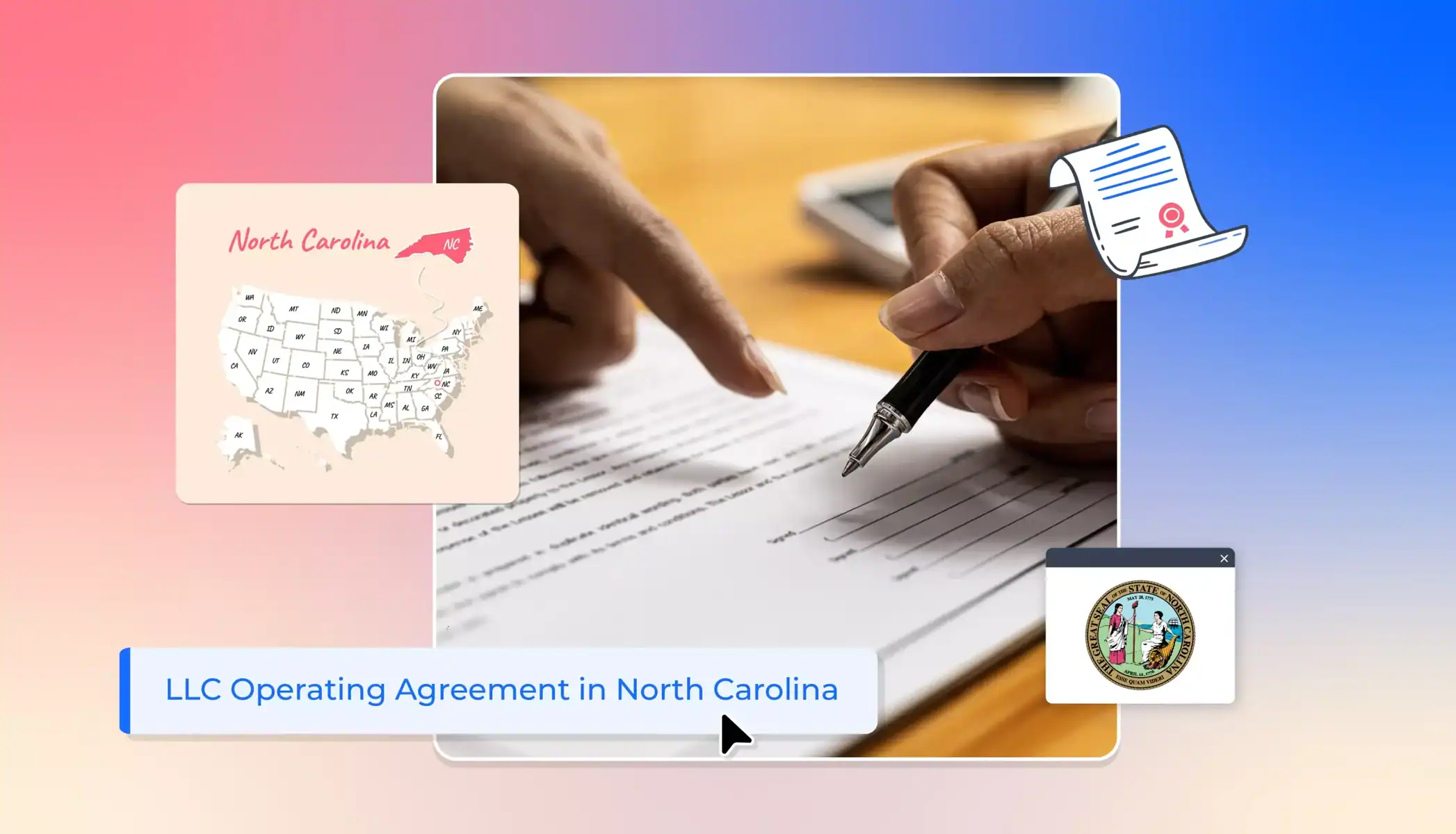 Person explaining an operating agreement surrounded by North Carolina state icons