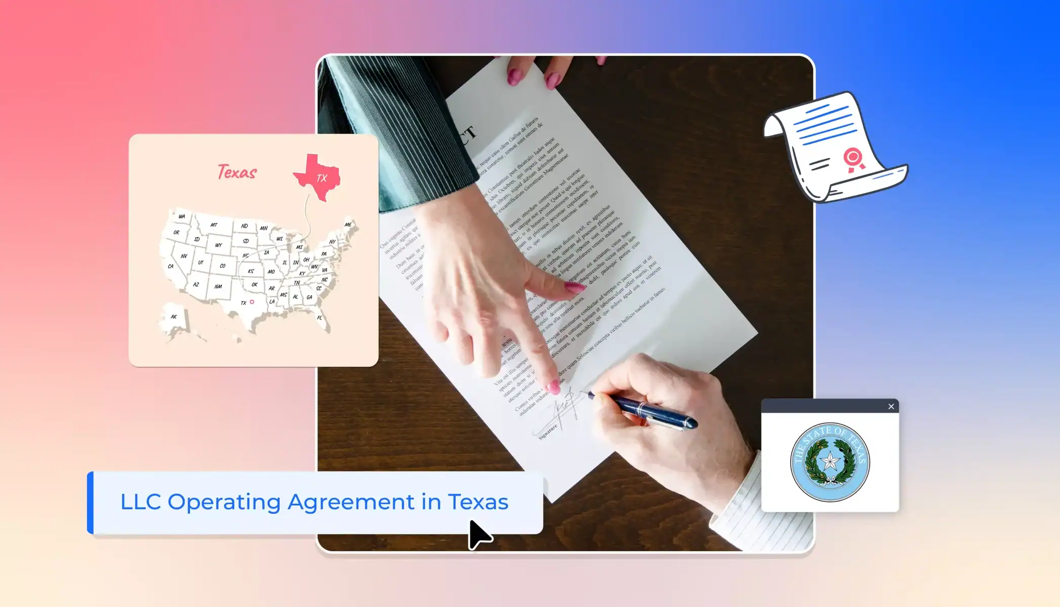 Person explaining an operating agreement surrounded by Texas state icons