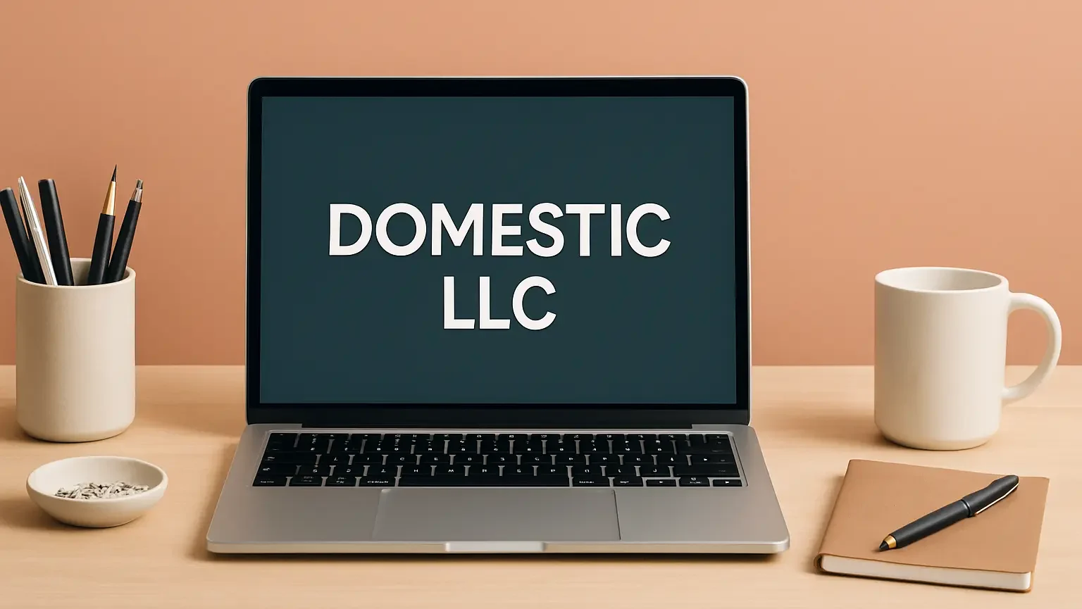 Domestic LLC laptop on table with pens and a mug and notebook with pen