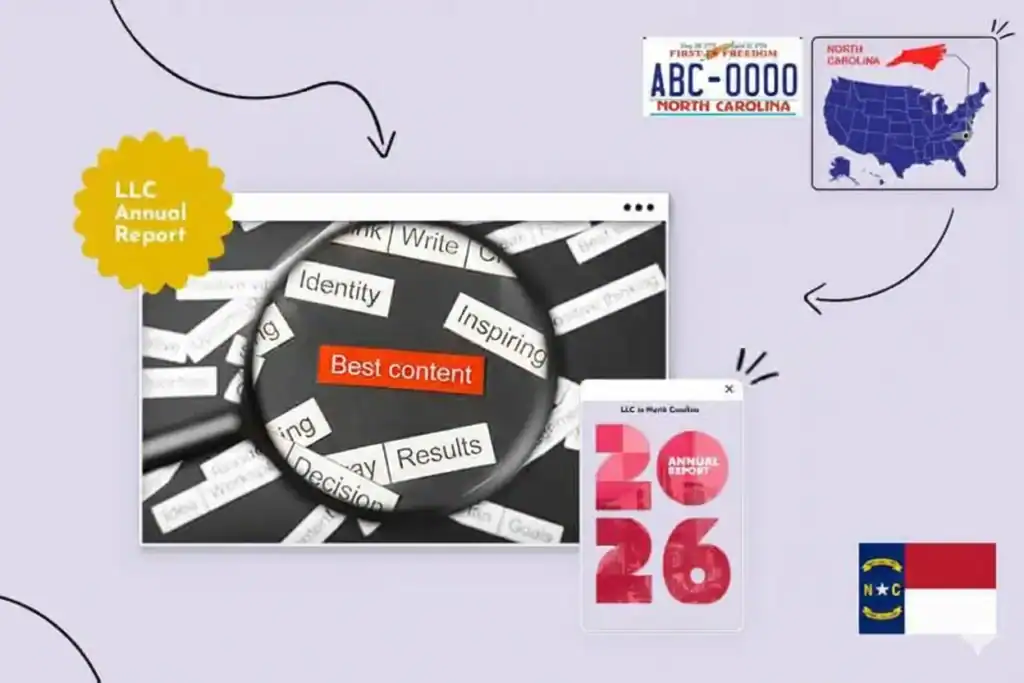 Magnifing glass showing best content for your LLC annual report in North Carolina 
North Carolina state map