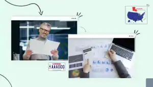 Man with glasses holding forms hands with laptop and calculator checking business license costs Louisiana map states map