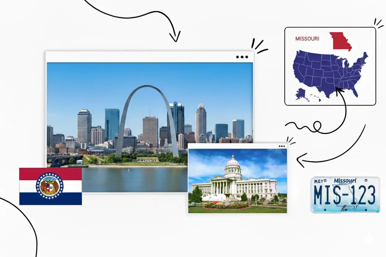 Picture of St Louis with Missouri state map, flag and license plate