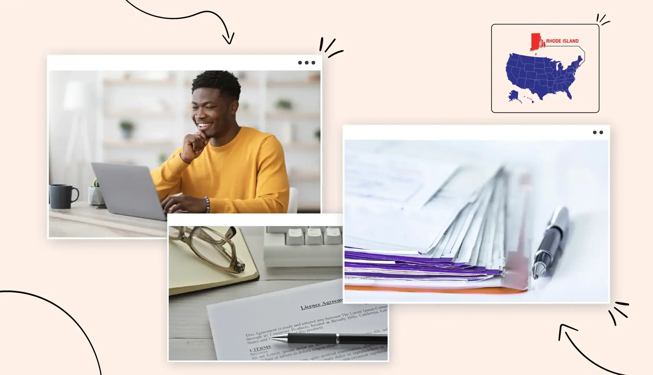 Rhode Island business license costs man in a yellow sweater laptop forms costs calculation