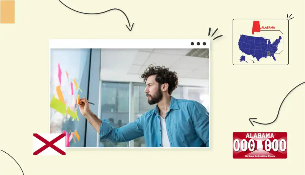 Small business owner writing on a colourful sticky note on a clear glass wall in Alabama