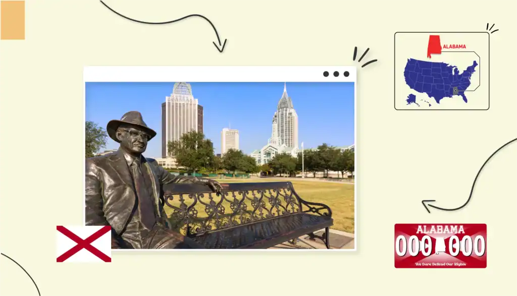 Park bench with view of high-rise buildings in the background in Alabama
