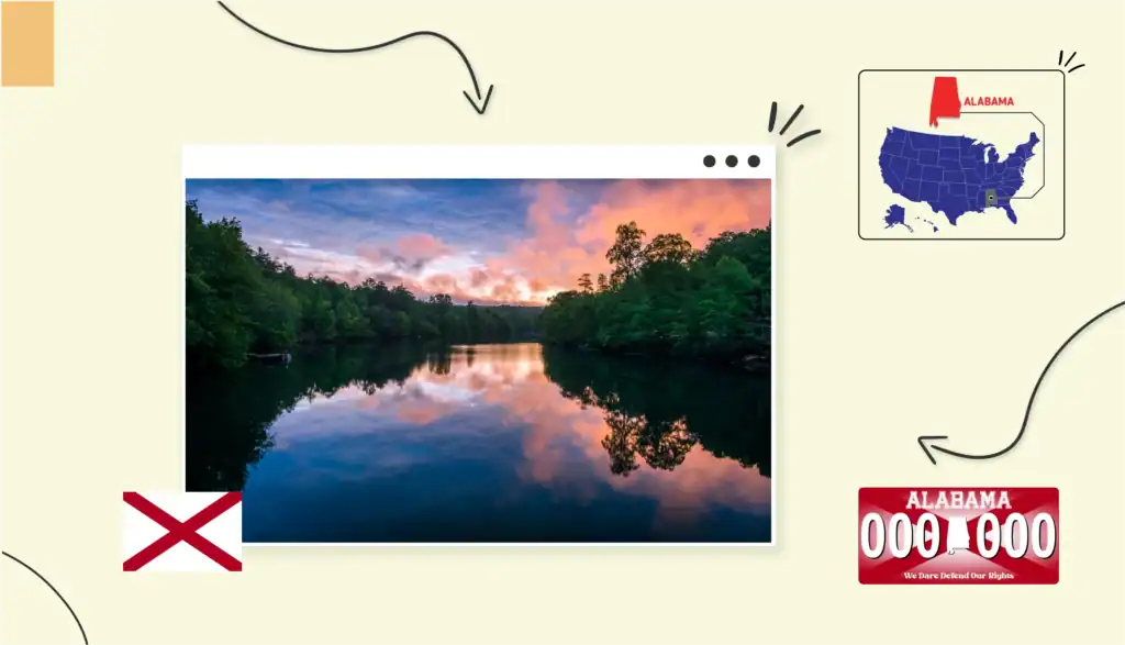 Scenic view of pink sunset over a lake lined with trees in Alabama