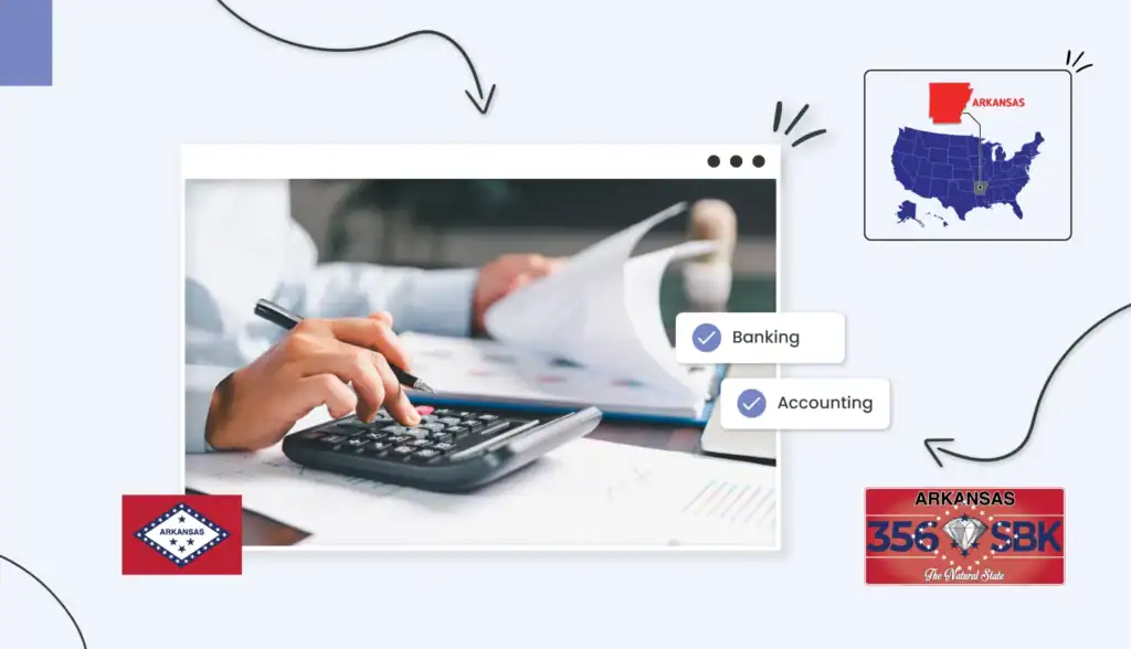 A small business owner using a calculator while reviewing documents in Arkansas