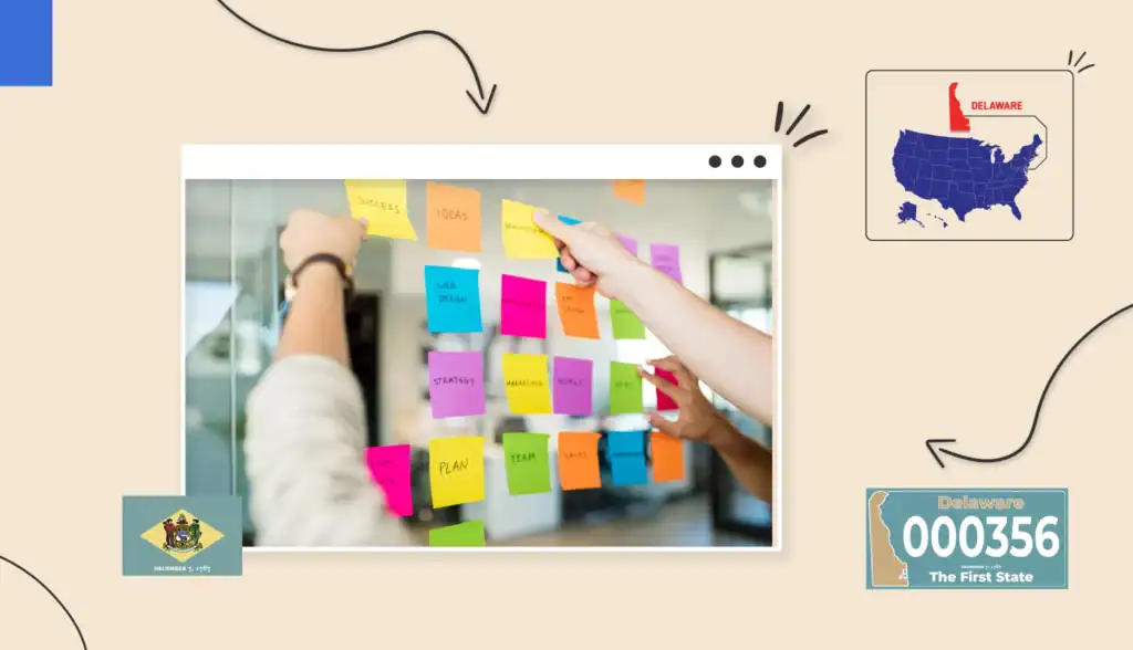 Small business owners adding colourful sticky notes to a wall in Delaware