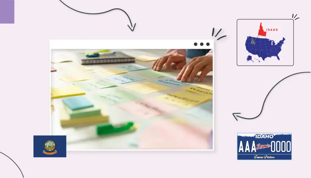 Colorful sticky notes on a table about starting a business in Idaho