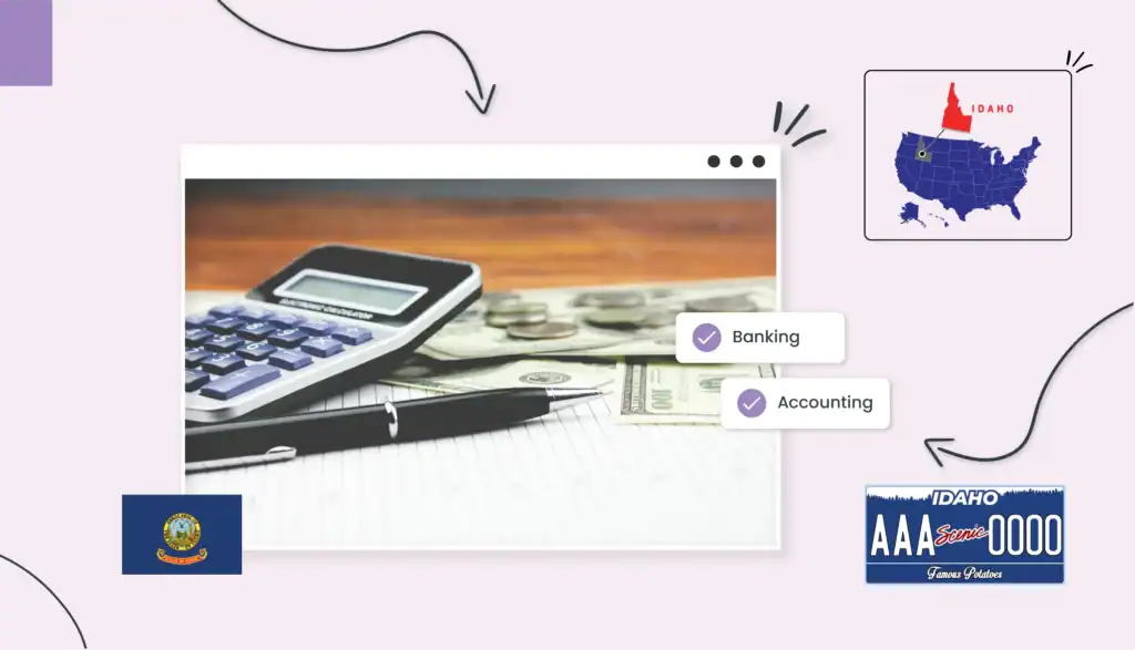 A close up photo of a calculator on a table with a pen, dollar bills and coins in Idaho