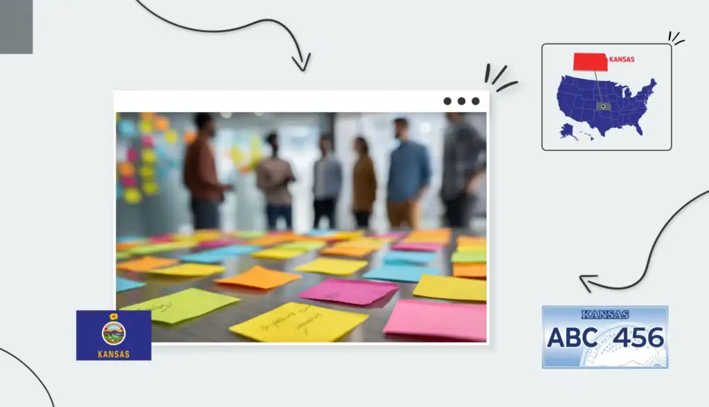 Small business owners in the background with sticky notes are in the foreground
Kanas state map, flag and license plate