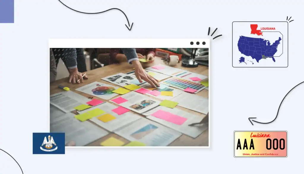 A table filled with documents and colorful sticky notes in Louisiana