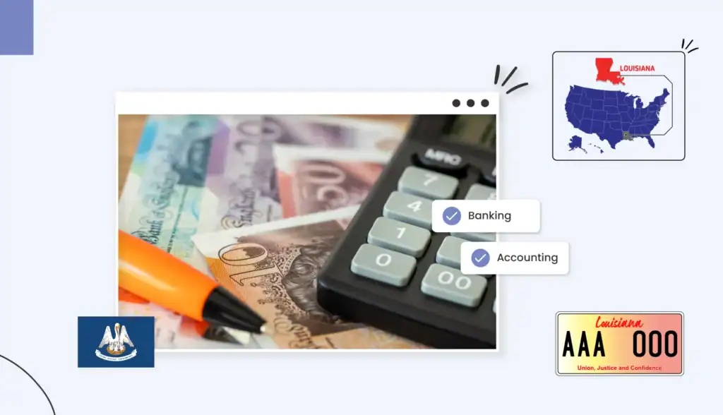 A calculator sitting on top of a pile of bills in Louisiana