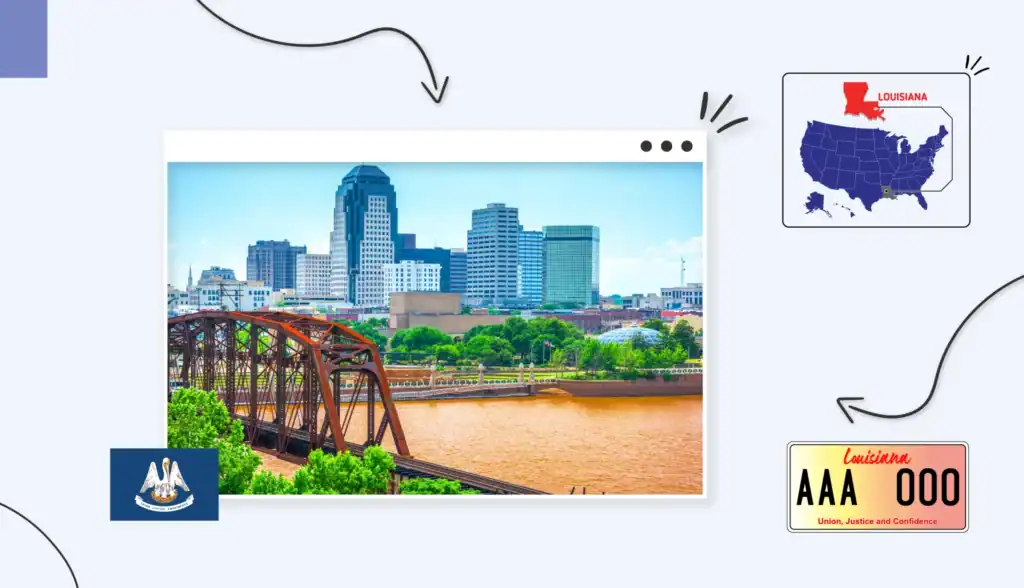 View of a bridge over a lake with a city in the background in Louisiana