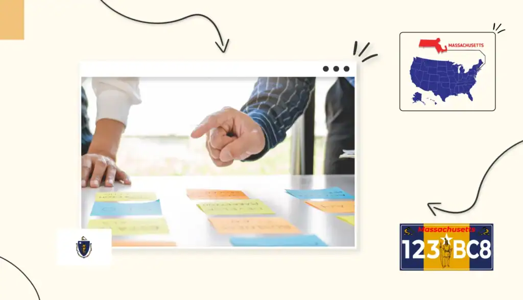 Small business owners pointing to colourful sticky notes on a table in Massachusetts