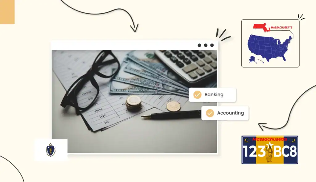 A desk with cash, spreadsheets, glasses and part of a calculator spread across it in Massachusetts