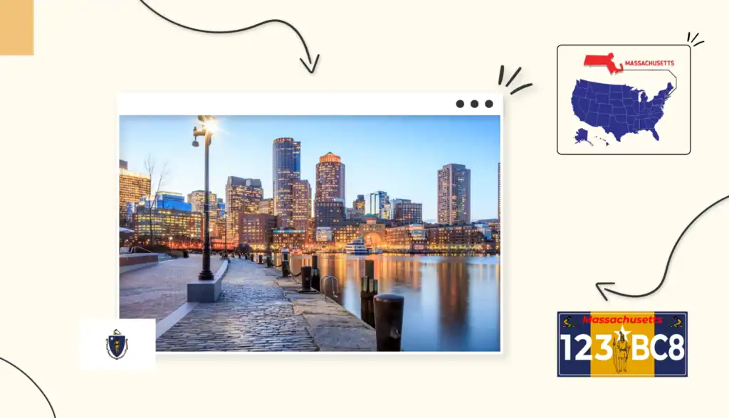 Scenic view in Massachusetts of cobblestone path next to the water with a lit-up city in the background
