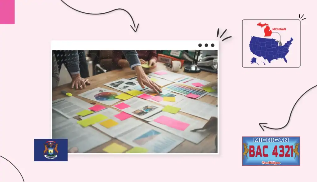 Small business owner looking at a table covered in sticky notes in Michigan