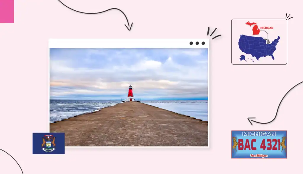 Scenic view of a lighthouse at the end of a path surrounded by water in Michigan