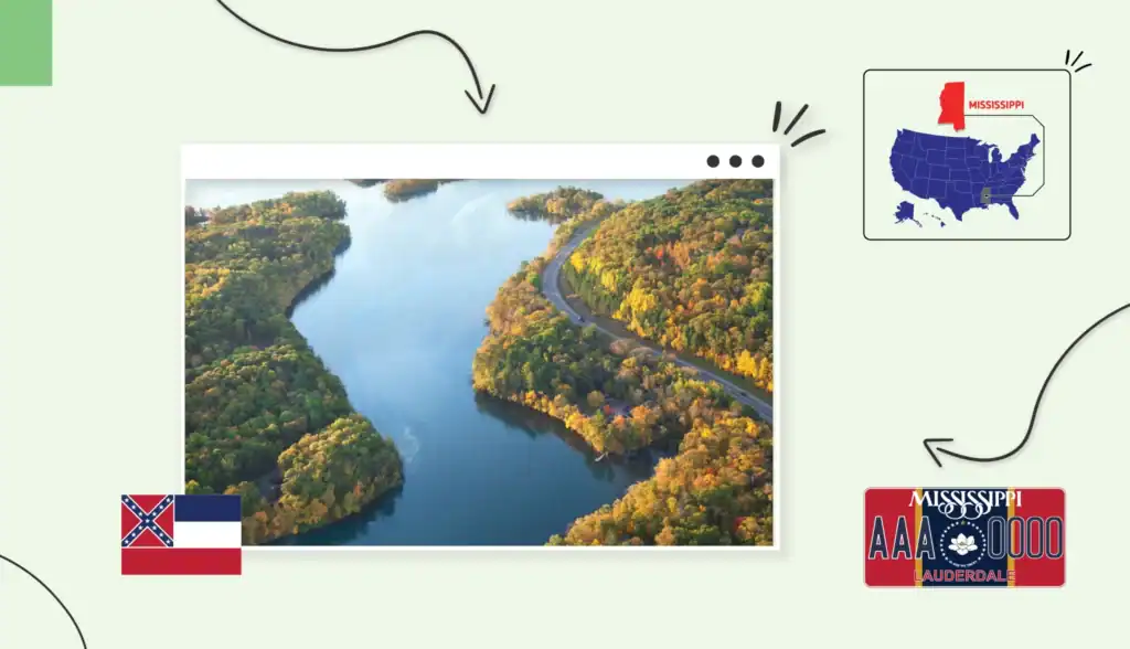 Scenic aerial view of a river and forest in Mississippi