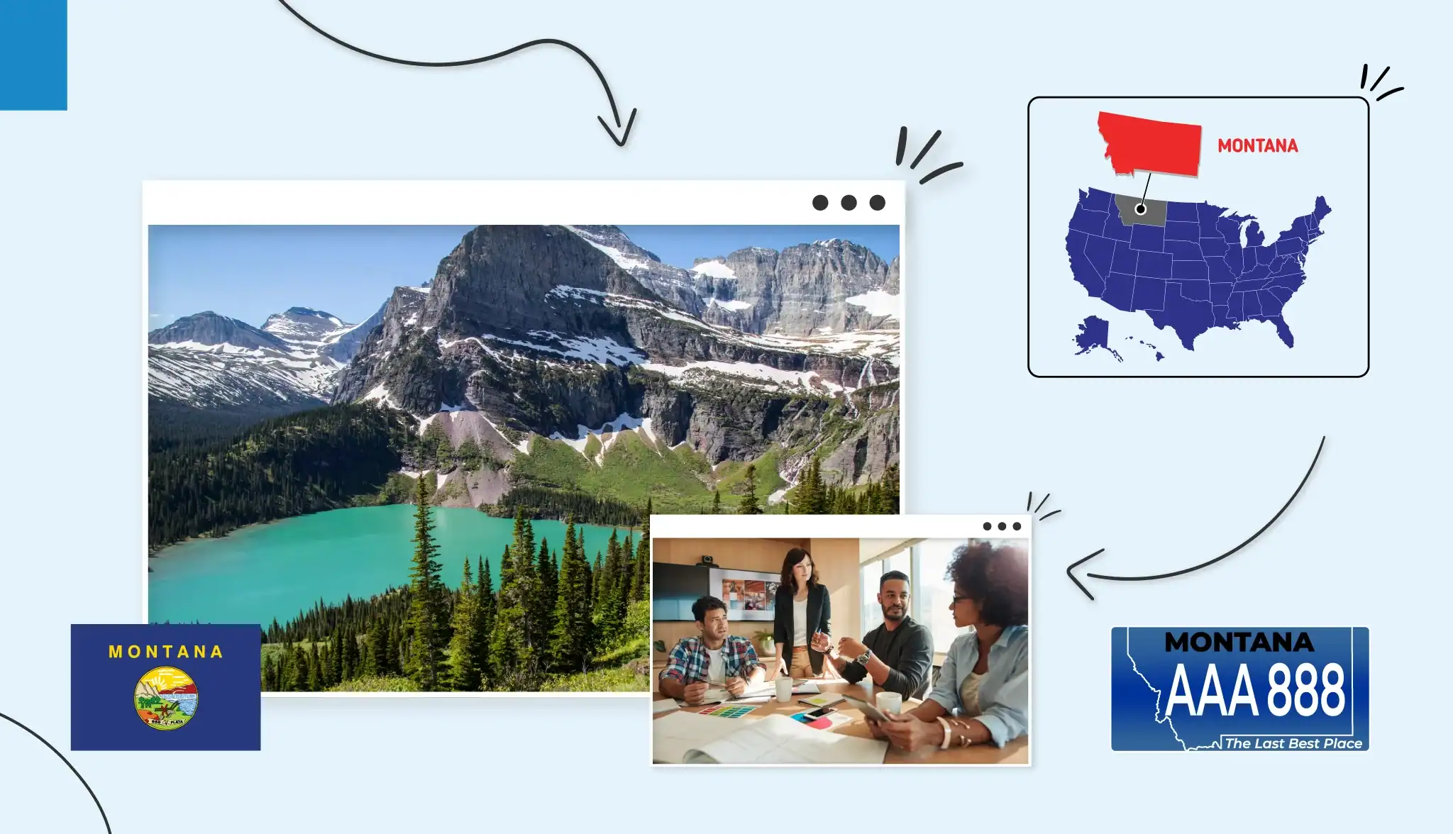 Small business owners around a table in Montana Scenic mountain and lake views of Montana Montana state map