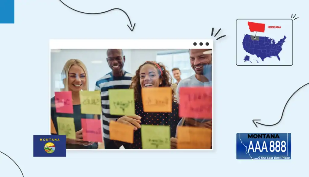 Small business owners looking at sticky notes on a board in Montana 
Montana state map