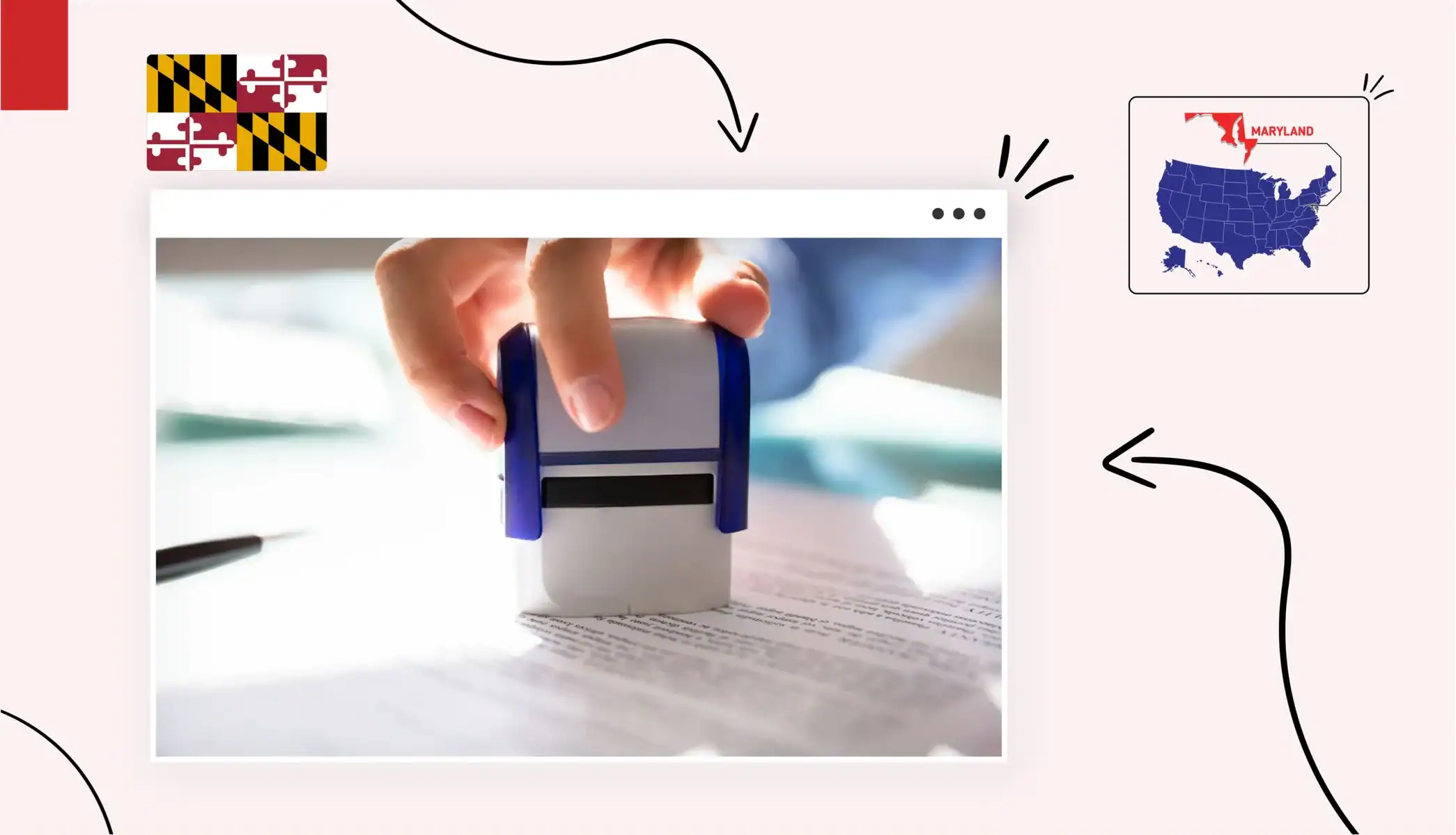 Small business owner in Maryland stamping paper Maryland state map and flag