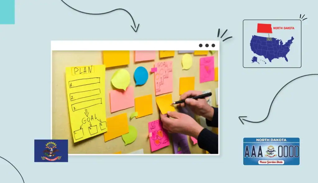 A person writing sticky notes on a board outlining their business plan in North Dakota
