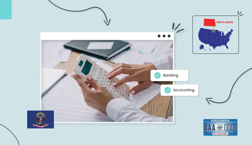 Small business owner using a calculator to budget for her small business in North Dakota