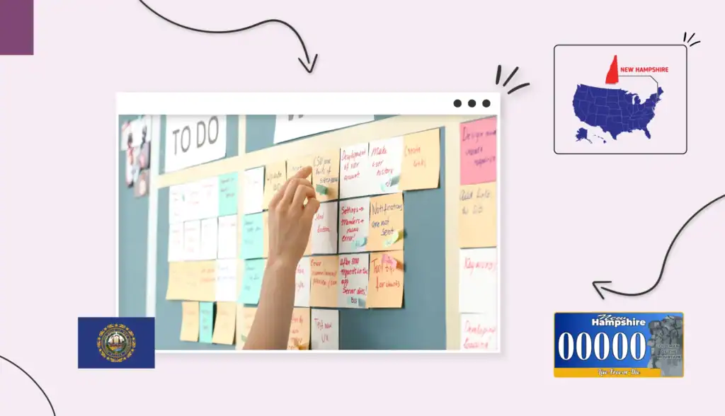 A small business owner putting sticky notes on a wall about what they need to do to start their business in New Hampshire