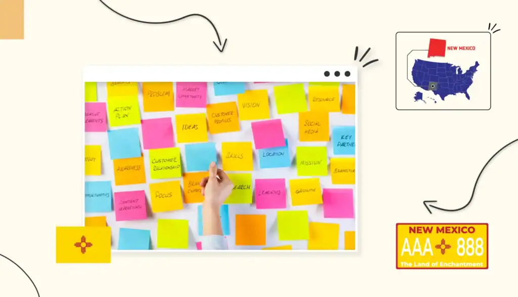 Small business owner adding sticky note to wall of sticky notes about business objectives 
New Mexico state map