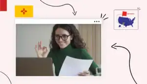 New Mexico map states map woman with glasses on laptop holding a calculating business license costs