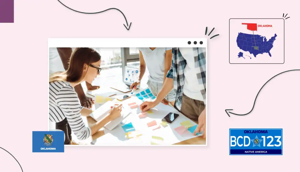 Small business owners looking at a table full of colourful sticky notes in Oklahoma