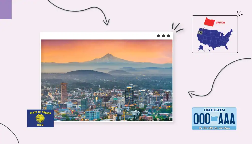 Scenic view of city in Oregon with a mountain range and sunset behind it