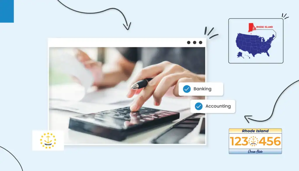 Small business owner using a calculator to budget for their small business in Rhode Island