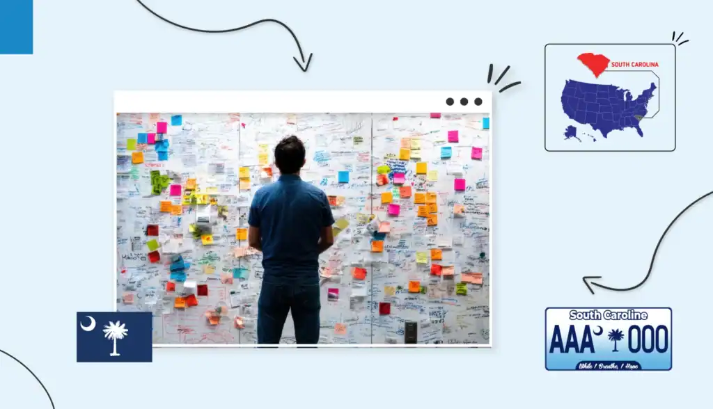 Small business owner looking at a wall covered in sticky notes of business ideas in South Carolina