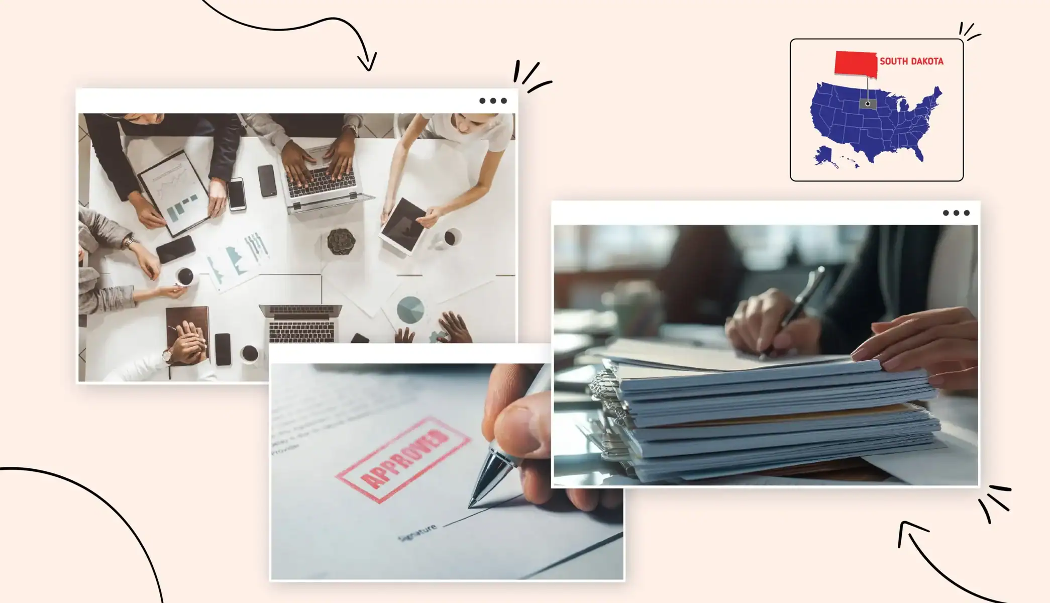 south dakota map states map business meeting stack of forms license approved