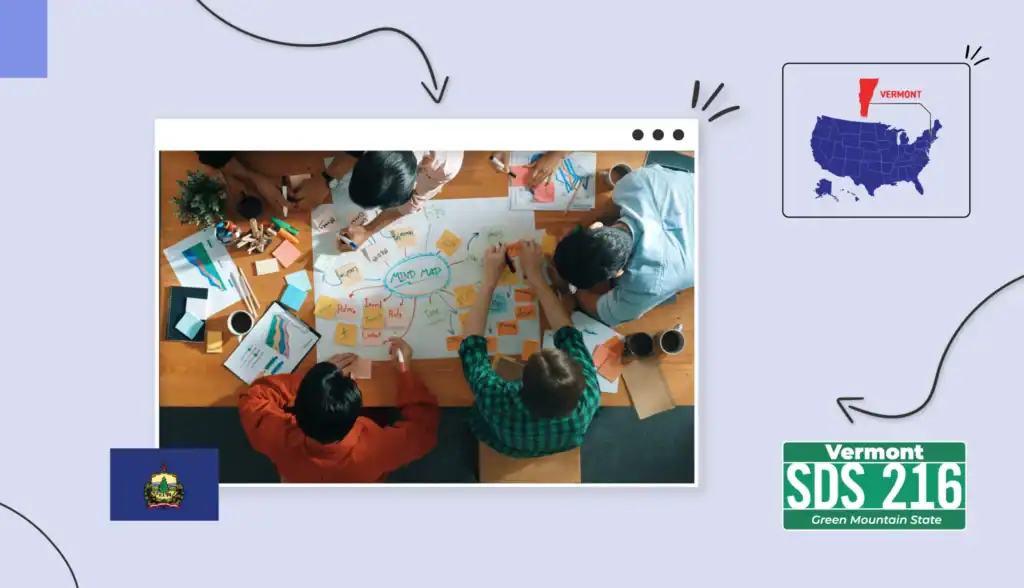 Aerial view of small business owners writing on a board that has "mind map" written on it and is covered in sticky notes, in Vermont