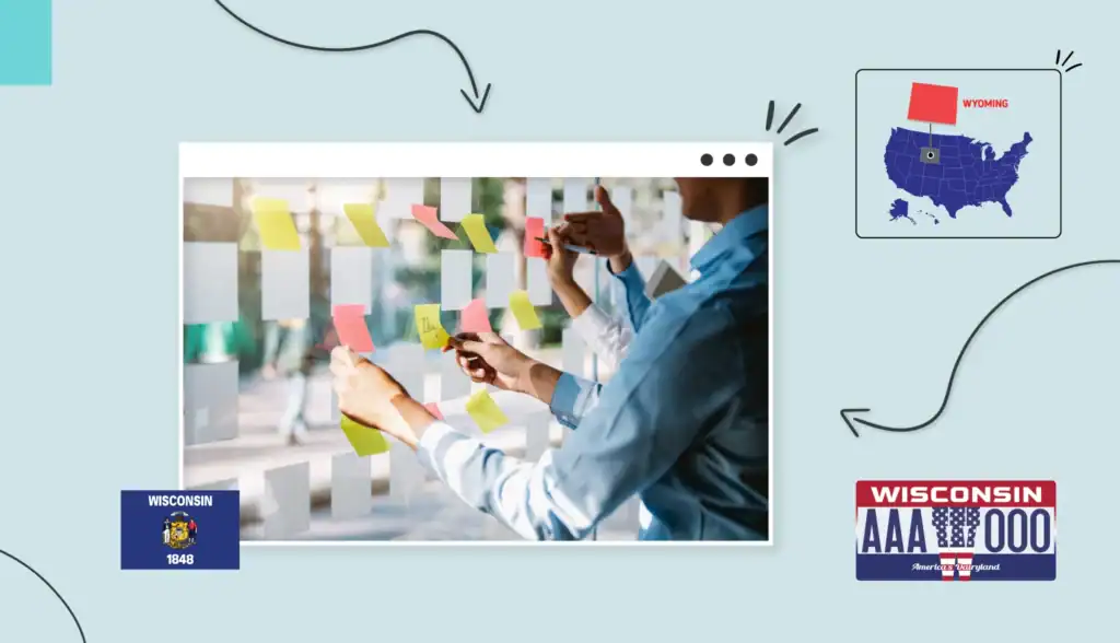 Small business owner adding sticky notes to a clear wall in Wisconsin