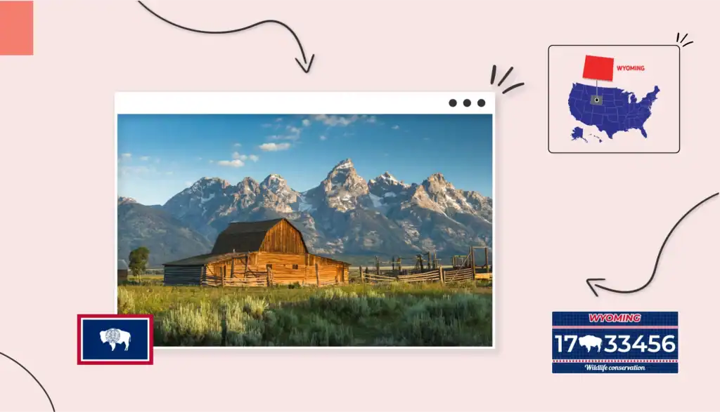 A ranch surrounded by grassy fields and mountains in Wyoming
